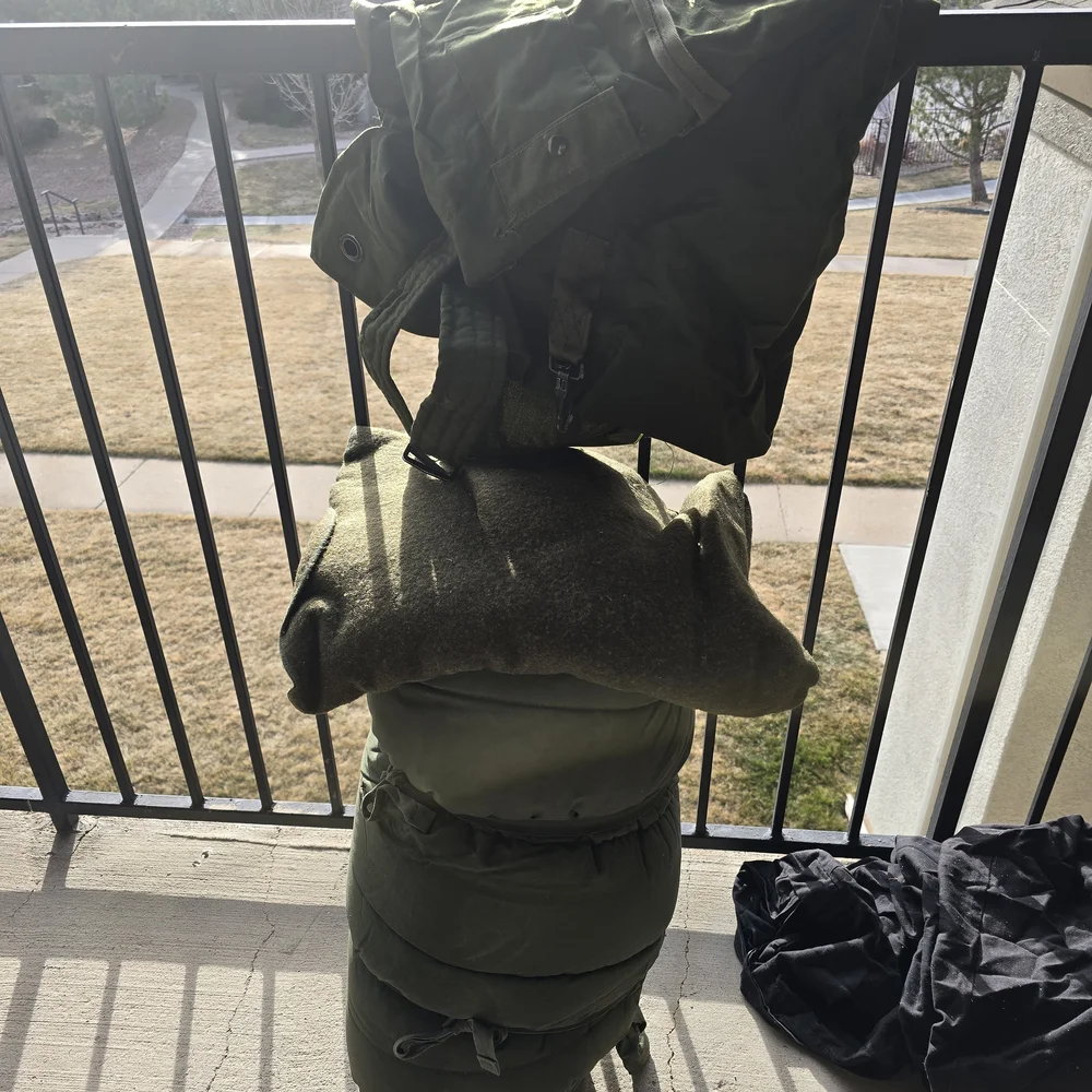 Olive Green Military Sleeping BAG, Blanket, and Dufflebag
